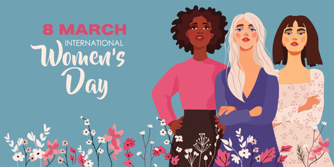 March 8 card. International Women's Day poster. Women, girls of different cultures, nationalities and skin colors