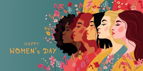 8 march International Women's day greeting card. Five women of different nationalities.