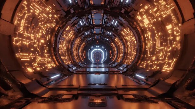 Futuristic tunnel with glowing lights and reflections.