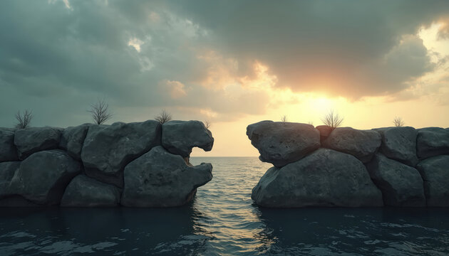 Gap between large stones over water. Represents skill gap or missing connection. Bare trees on rock formation. Ocean or sea with sky and sunset.