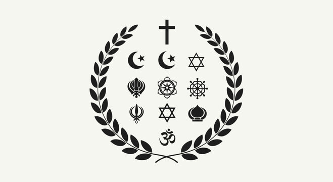 Religious symbols from various faiths surrounded by a laurel wreath.