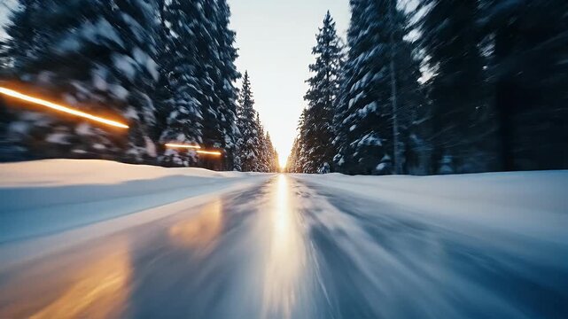 Golden Sunrise Over Snowy Forest Road Scene.