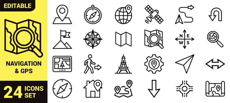 Navigation and GPS icon set with location pin, compass, globe, satellite dish, directional signpost, folded map, and geolocation tracking symbols