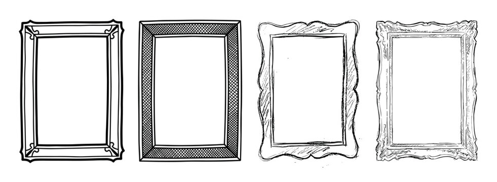Four decorative hand-drawn picture frames presented as a collection of various vintage, ornate, and simple border designs in a black and white sketchy illustration style