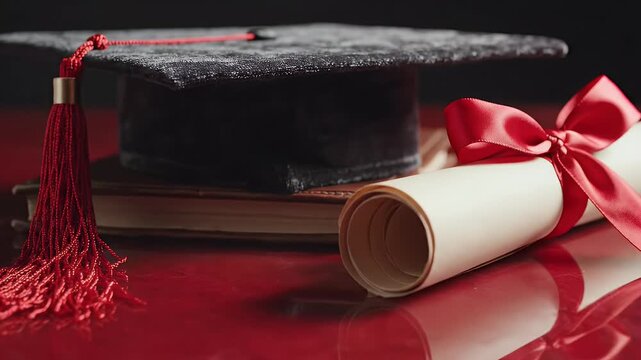 Graduation cap diploma scroll celebration on red surface.