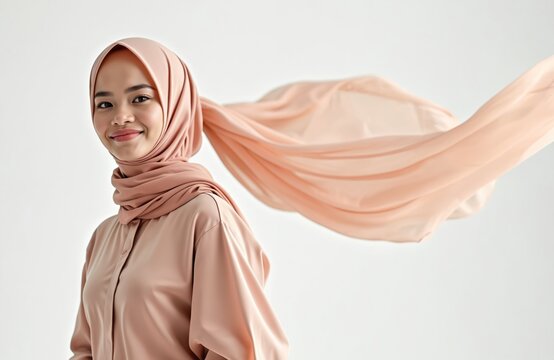Young muslim woman wears peach hijab and dress. Fabric flows dynamically against plain background. Represents faith, fashion, and modest beauty.