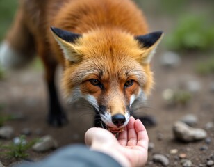Obraz premium A person feeds a wild red fox by hand in a natural outdoor setting. The animal cautiously takes food from an outstretched palm, demonstrating an interaction between human and wildlife.