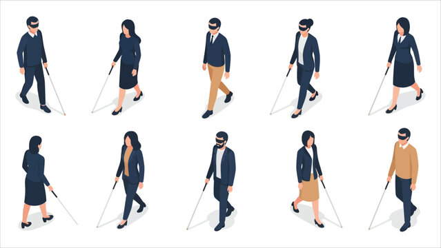  Visually Impaired People with White Cane Isometric Vector Set.