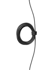 Coiled black USB cable with hook-and-loop tie is isolated.