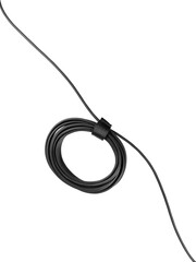 Coiled black USB cable with hook-and-loop tie is isolated.
