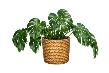 Naklejka premium Monstera deliciosa plant with large green leaves growing in a decorative woven natural fiber basket on transparent background