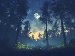 Magical fantasy fairy tale scenery night in a forest