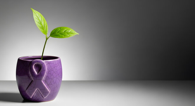 Plant sprout leaf green purple pot ribbon cancer awareness growth life hope healing survivor health care medical research spring nature light background