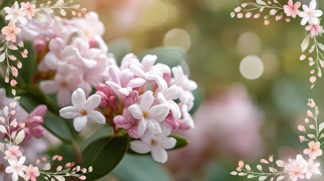 Soft spring florals: daphne odora blossoms framing a delicate border with ample text space for quotes on invitations and greeting cards