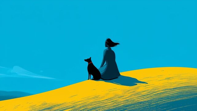 Minimal 2D flat motion illustration of a woman and her dog seated on a hill, gazing over the countryside, bold 1950s vaporwave colors, calm nostalgic mood