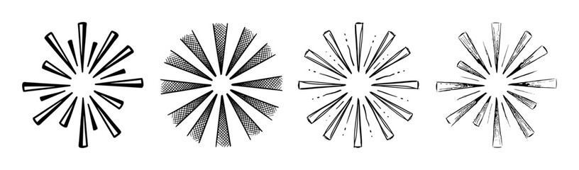 Obraz premium Set of four hand-drawn sunburst elements with different textures like hatching and dots, created in a black and white sketch style for graphic design and decoration