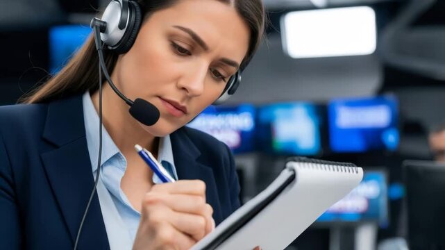 Woman journalist wearing headset with microphone, writing notes in a newsroom setting surrounded by multiple monitors.