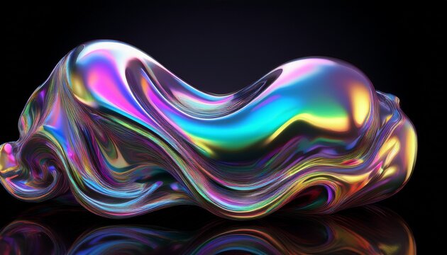 bold holographic liquid blob shape isolated iridescent wavy melted substance on black background