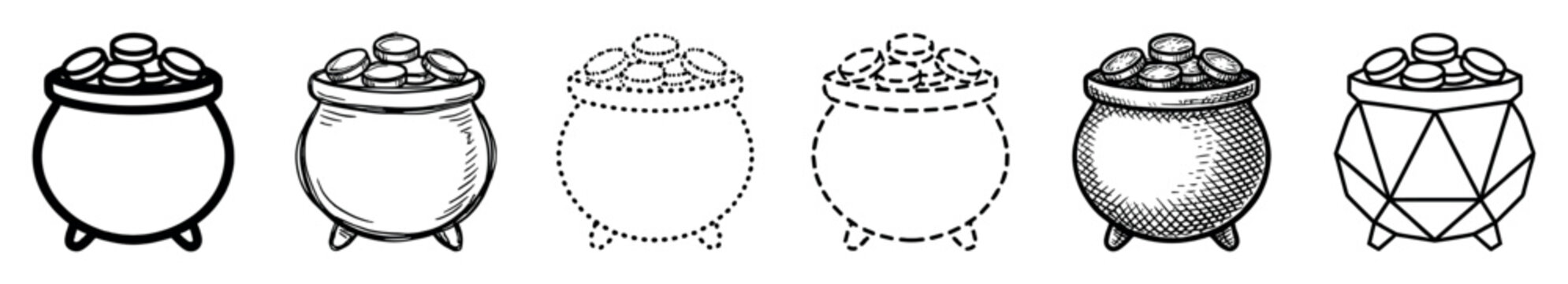 Collection of six pot of gold icons presented in different black and white artistic styles, from simple line art and sketching to dotted trace and geometric forms
