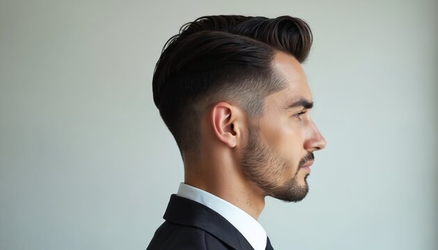 Man with slicked back hair and neat beard wears suit. Profile view shows sharp retro style. Classic grooming and polished look, isolated on plain background.