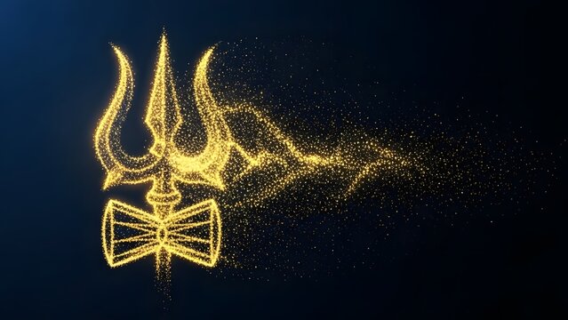 Golden sparkly trident symbol with particles on dark background, representing shivas powerful icon