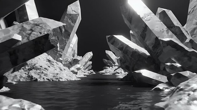Monochrome Crystal Cavern Surrounded By Shimmering Quartz Glyphs.