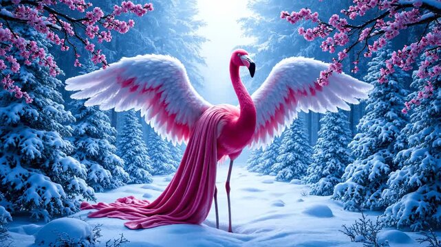 A breathtaking, ultra-high-definition fantasy scene set in a snowy winter forest bathed in soft, ethereal blue light