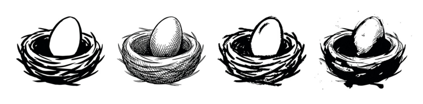 Set of four hand-drawn bird nests with a single egg inside, showcasing different artistic styles from simple silhouette and cross-hatching to expressive ink brush strokes