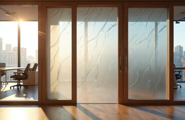 Fototapeta premium Modern office interior with frosted glass partition doors. Sunlight streams into a workspace with city views. Wood accents add warmth to the clean design.