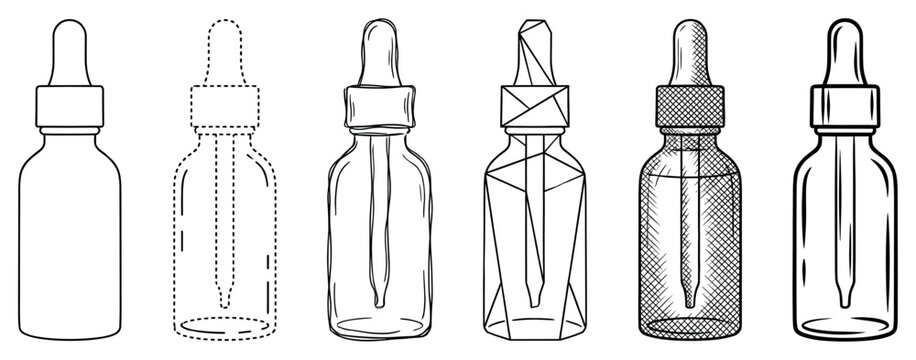 Set of six black line art dropper bottle illustrations showing different artistic styles from simple outline and dashed to geometric, sketched, and cross-hatched designs