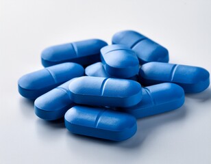 a pile of blue pills on a white surface