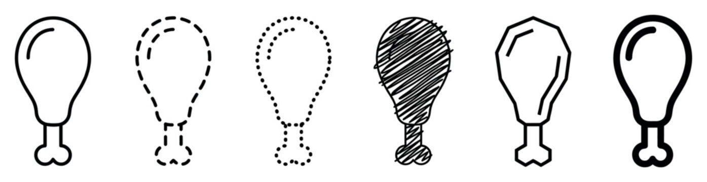 Collection of black chicken leg icons in various outline styles, including simple, dashed, dotted, scribbled, geometric, and bold for food or restaurant design