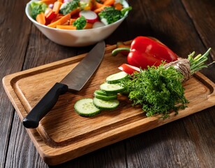 a wooden cutting board with chopped vegetables and a knife with fresh herbs and a bowl of mixed vegetables in the background