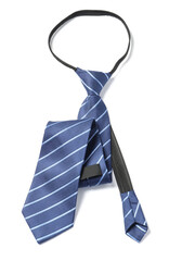 One stylish striped tie isolated on white, top view