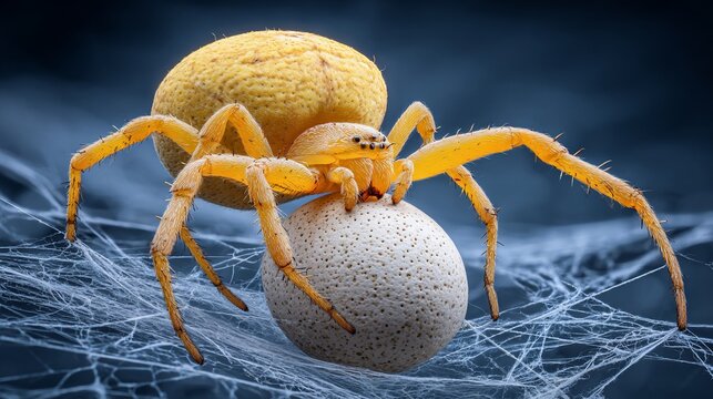 A close-up view of a yellow orb-weaver spider carrying egg sacs on a spiderweb