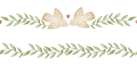 Watercolor border birds, green leaf branches. Hand-drawn illustration twig in childish wedding style. Seamless banner isolated from background for baby nursery designs, cards, holiday invitations love