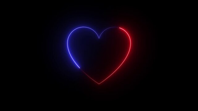 Neon heart shape with red and blue glowing lines on dark background for valentines day or love themed projects
