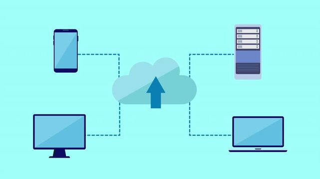 Flat vector illustration of a cloud with an upward arrow connected to smartphone, server, desktop, and laptop, representing hybrid cloud data upload and cross device synchronization on a blue backgrou