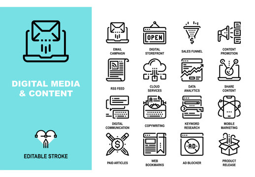 Vector set of digital media and content line icons. Pixel perfect 48X48 size grid with adjustable strokes. Professional symbols for online marketing, email campaigns and data analysis