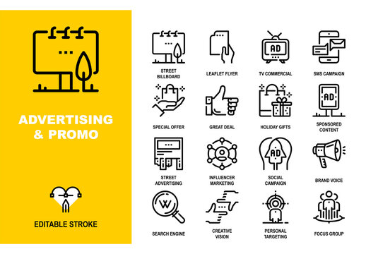 Vector set of advertising and promotion line icons. Pixel perfect 48X48 size grid with adjustable strokes. Professional symbols for brand marketing, street billboards and commercial ads