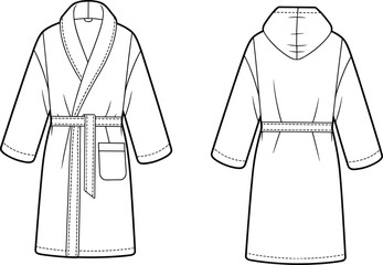 bathrobe, robe, hooded, shawl, collar, belted, pocket, long, sleeve, loungewear, homewear, cozy, warm, fashion, clothing, apparel, vector, design, sketch, illustration © It's Sohan Here