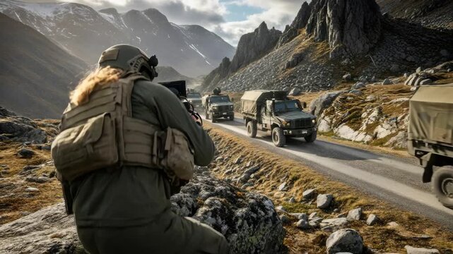 Woman war journalist filming military vehicles on mountain road. Breaking news, video reportage and military convoy documentation.