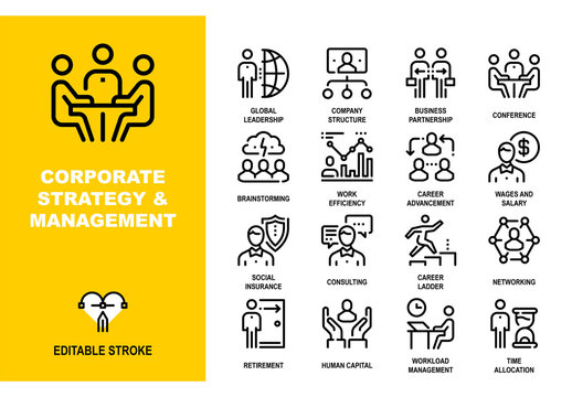 Vector set of corporate strategy and management line icons. Pixel perfect 48X48 size grid with adjustable strokes. Professional symbols for business leadership, career growth and HR work