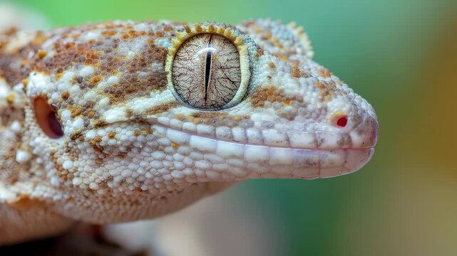 Close-up of a geckos face with its tongue sticking out.