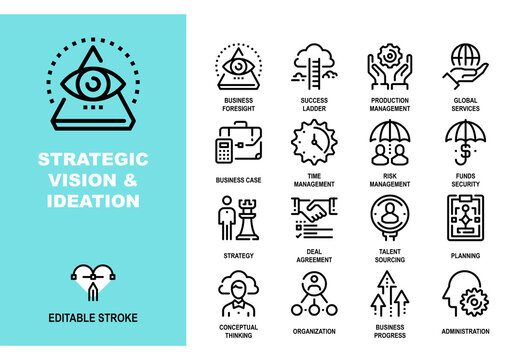 Vector set of strategic vision and ideation line icons. Pixel perfect 48X48 size grid with adjustable strokes. Professional symbols for business planning, management and success progress