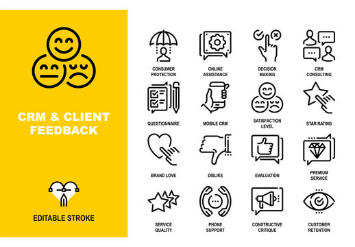 Vector set of CRM and client feedback line icons. Pixel perfect 48X48 size grid with adjustable strokes. Professional symbols for customer service, user reviews and quality evaluation