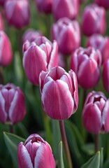 Obraz premium Cluster of pink and white tulips bloom vibrantly in soft daylight. Green leaves surround fresh tulip flowers, evoking springtime beauty. Nature fills garden with lovely blossoms, perfect for spring.