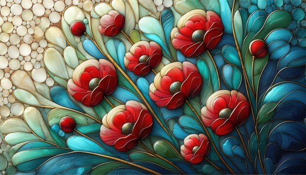 3D Vector illustration of a whimsical bloming red poppies field under the spring morning heavy impasto acrylic paint textures, in muted background, greetings card, wall decoration