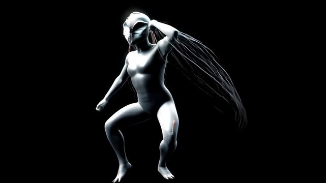 Futuristic 3D Model Humanoid Figure with Flowing Hair: Surreal Digital Sculpture Exploring Sci-Fi Character Design and Virtual Reality Aesthetic Movement
