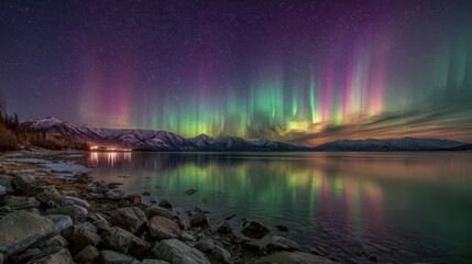 Green and purple aurora curtains lighting a quiet night landscape